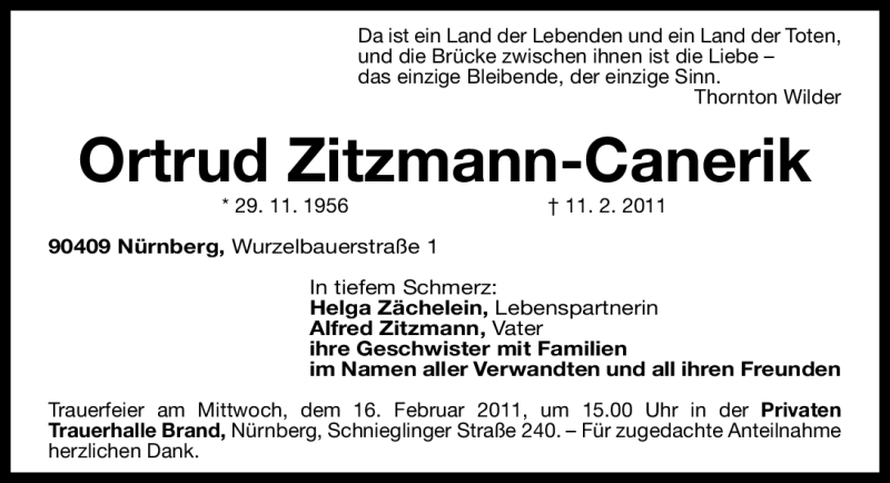  Traueranzeige für Ortrud Zitzmann-Canerik vom 14.02.2011 aus Nürnberger Nachrichten