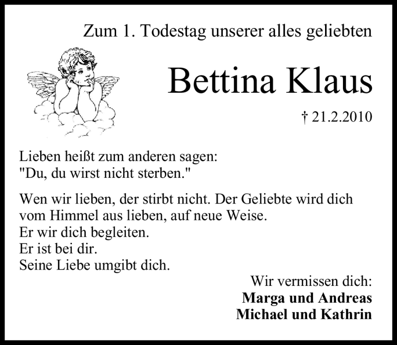  Traueranzeige für Bettina Klaus vom 21.02.2011 aus Nürnberger Nachrichten