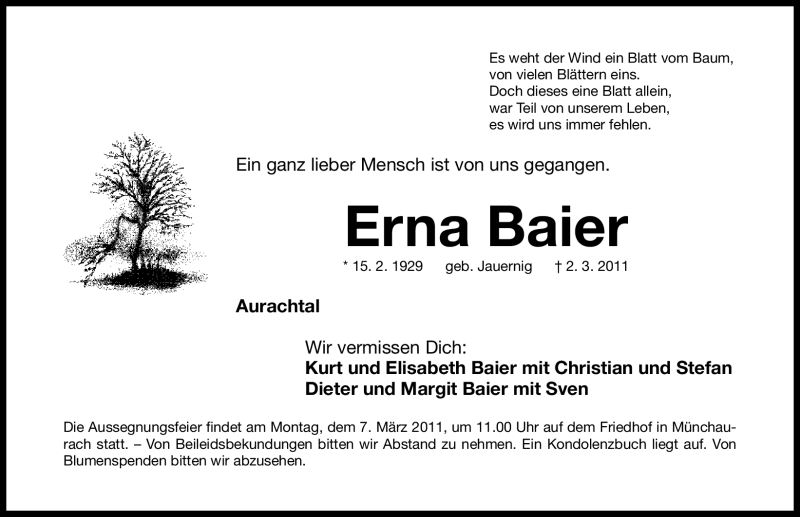  Traueranzeige für Erna Baier vom 04.03.2011 aus Nürnberger Nachrichten
