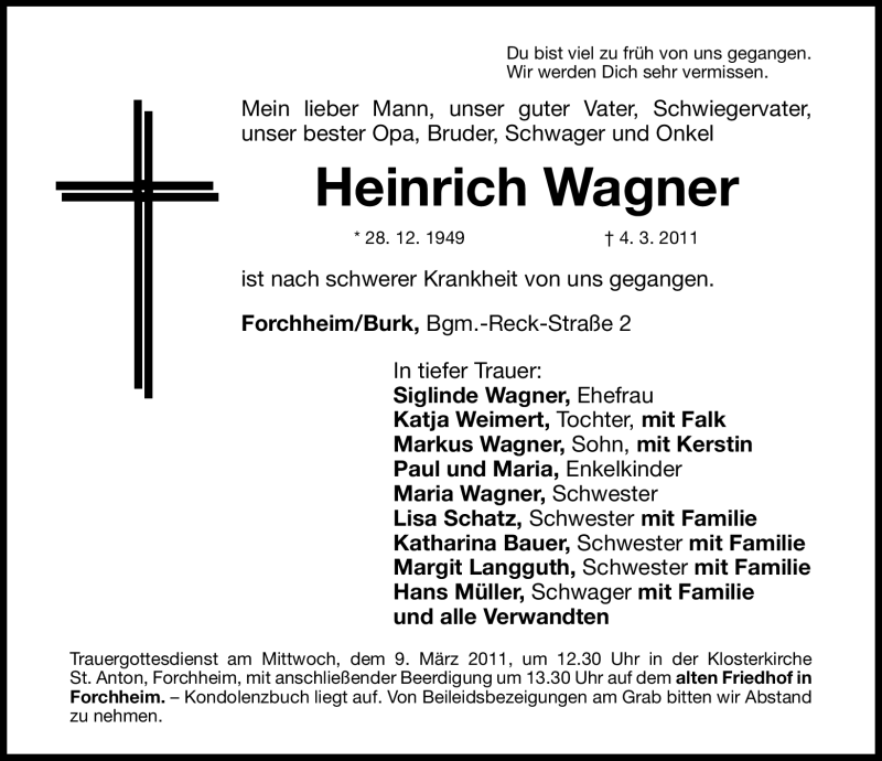  Traueranzeige für Heinrich Wagner vom 07.03.2011 aus Nürnberger Nachrichten