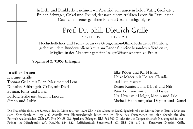  Traueranzeige für Dietrich Grille vom 23.03.2011 aus Nürnberger Nachrichten