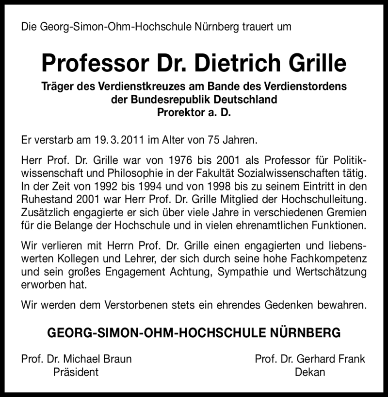  Traueranzeige für Dietrich Grille vom 24.03.2011 aus Nürnberger Nachrichten