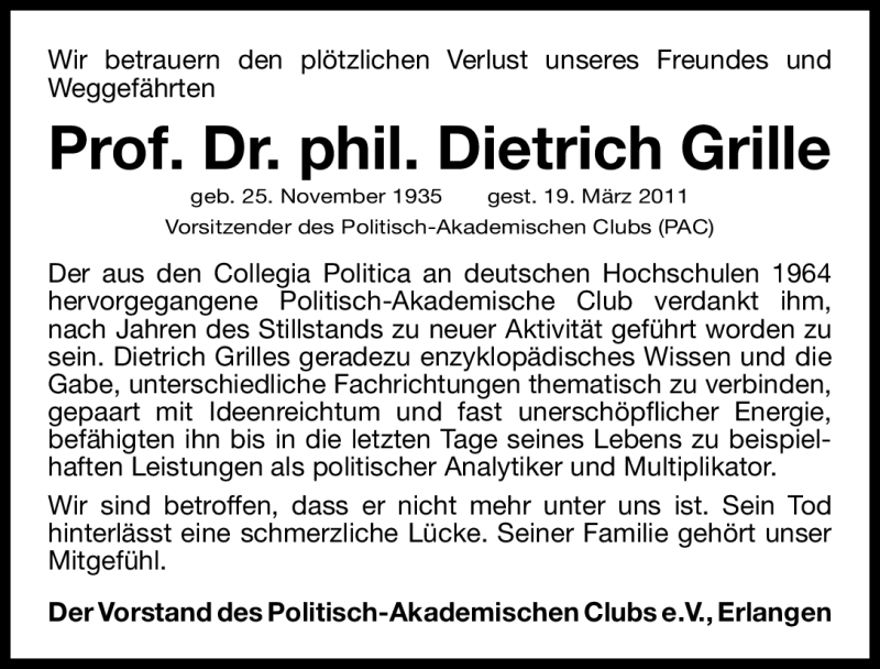  Traueranzeige für Dietrich Grille vom 25.03.2011 aus Nürnberger Nachrichten