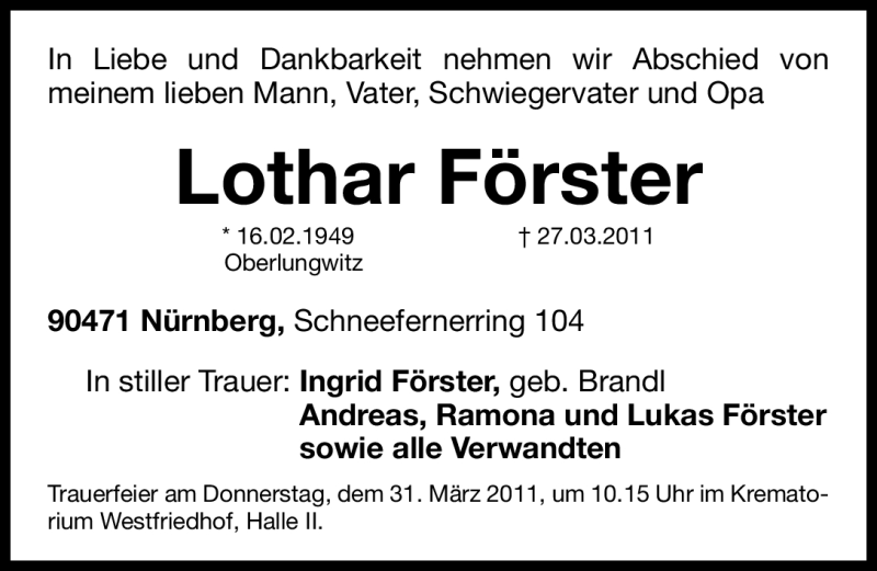  Traueranzeige für Lothar Förster vom 29.03.2011 aus Nürnberger Nachrichten