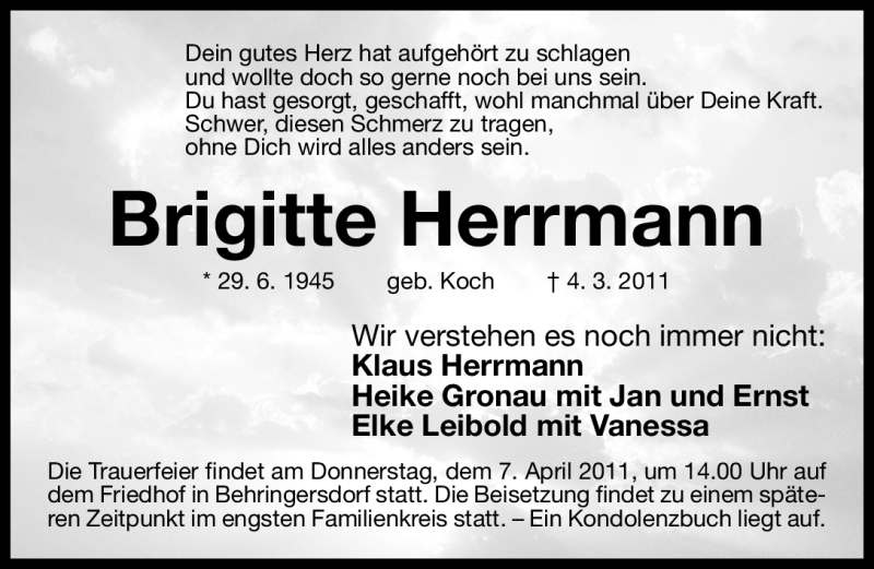  Traueranzeige für Brigitte Herrmann vom 02.04.2011 aus Nürnberger Nachrichten