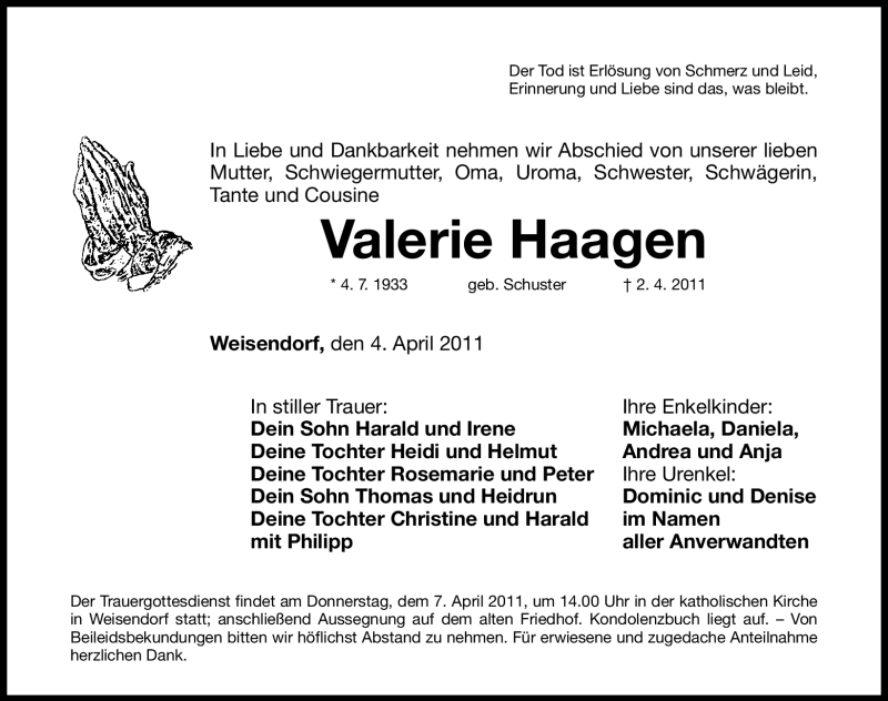  Traueranzeige für Valerie Haagen vom 04.04.2011 aus Nürnberger Nachrichten
