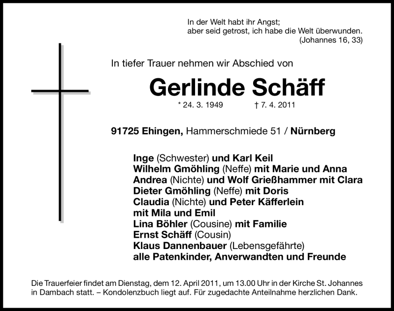  Traueranzeige für Gerlinde Schäff vom 09.04.2011 aus Nürnberger Nachrichten