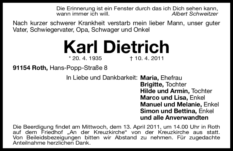  Traueranzeige für Karl Dietrich vom 12.04.2011 aus Nürnberger Nachrichten