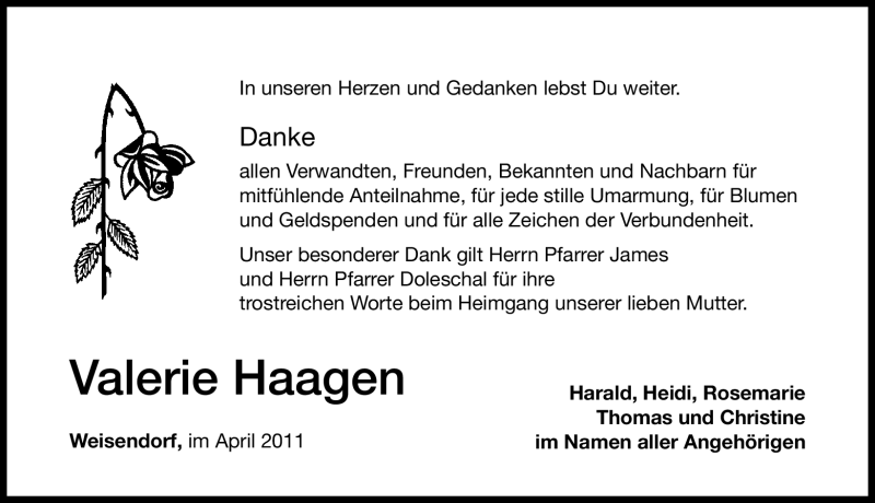  Traueranzeige für Valerie Haagen vom 27.04.2011 aus Nürnberger Nachrichten
