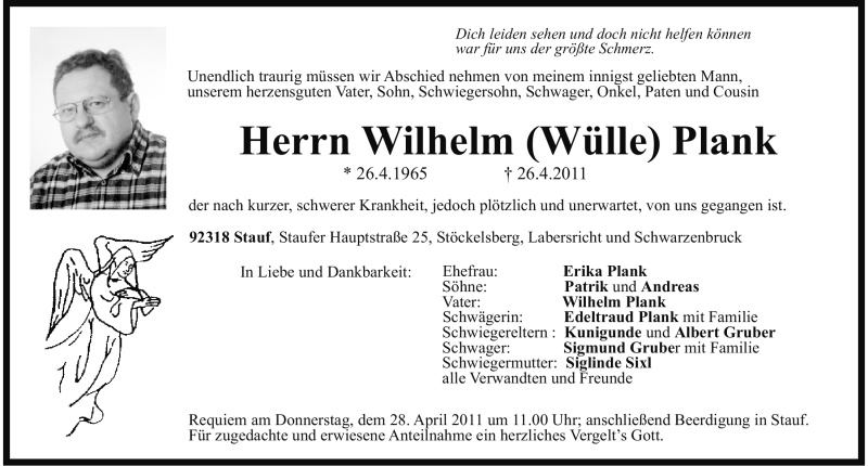  Traueranzeige für Wilhelm Plank vom 27.04.2011 aus Nürnberger Nachrichten