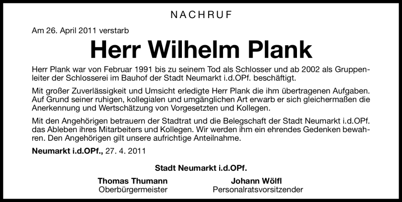  Traueranzeige für Wilhelm Plank vom 28.04.2011 aus Nürnberger Nachrichten