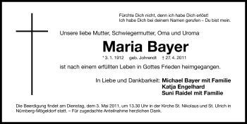 Traueranzeige von Maria Bayer von Nürnberger Nachrichten