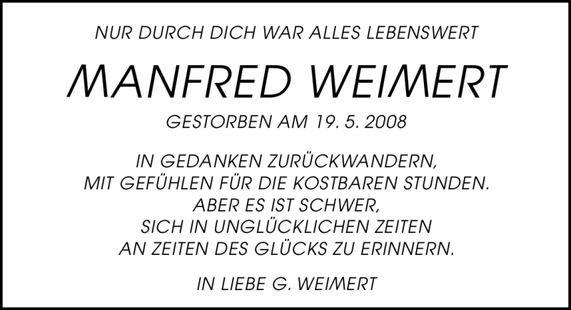  Traueranzeige für Manfred Weimert vom 19.05.2011 aus Nürnberger Nachrichten