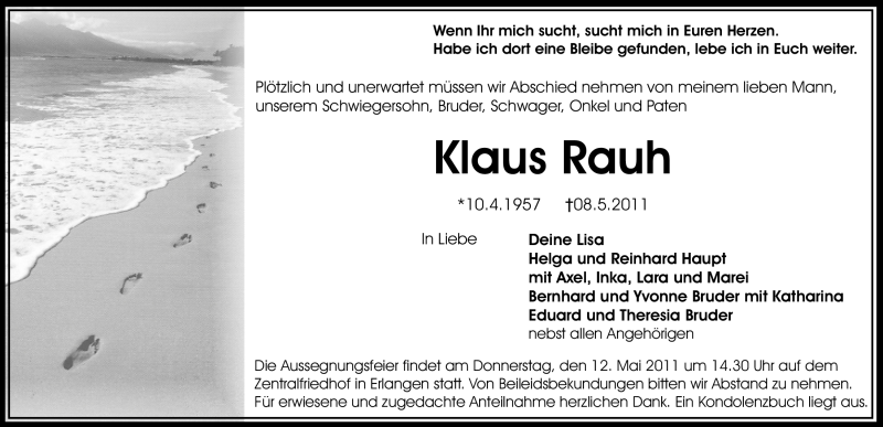 Traueranzeige für Klaus Rauh vom 10.05.2011 aus Nürnberger Nachrichten