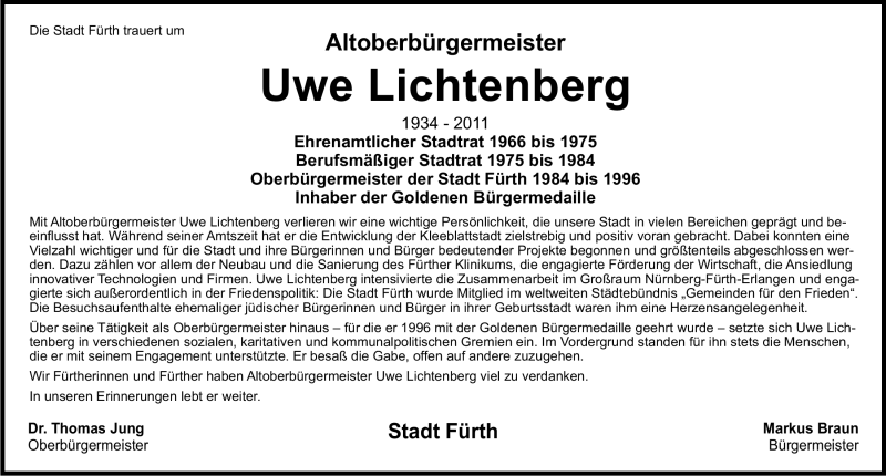  Traueranzeige für Uwe Lichtenberg vom 14.05.2011 aus Nürnberger Nachrichten