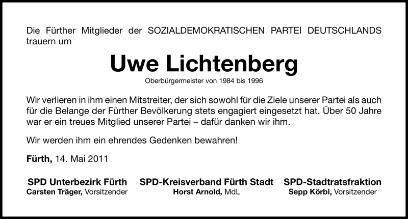  Traueranzeige für Uwe Lichtenberg vom 14.05.2011 aus Nürnberger Nachrichten