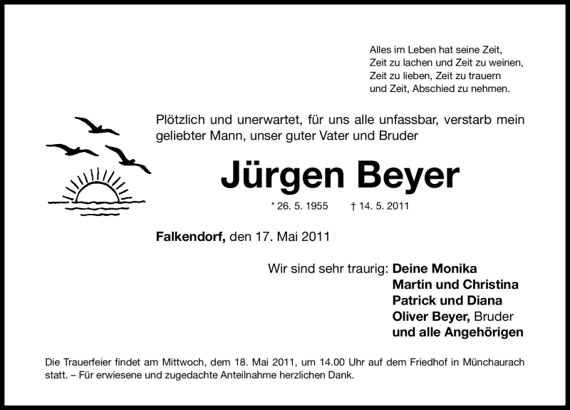  Traueranzeige für Jürgen Beyer vom 17.05.2011 aus Nürnberger Nachrichten