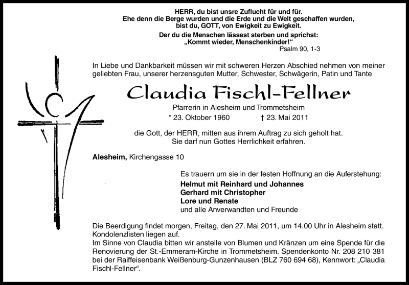  Traueranzeige für Claudia Fischl-Fellner vom 26.05.2011 aus Nürnberger Nachrichten