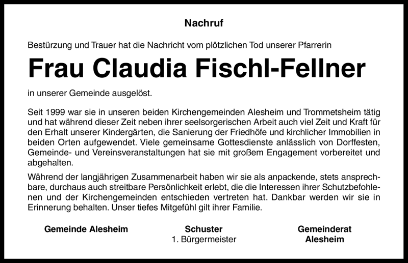  Traueranzeige für Claudia Fischl-Fellner vom 26.05.2011 aus Nürnberger Nachrichten