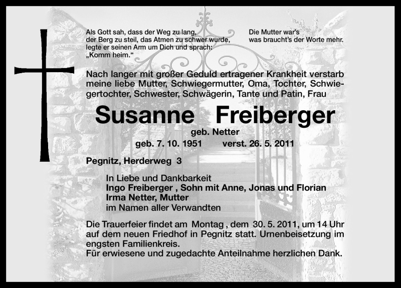  Traueranzeige für Susanne Freiberger vom 28.05.2011 aus Nürnberger Nachrichten