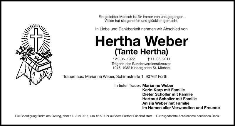  Traueranzeige für Hertha Weber vom 15.06.2011 aus Nürnberger Nachrichten