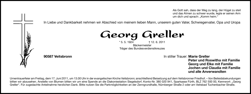  Traueranzeige für Georg Greller vom 15.06.2011 aus Nürnberger Nachrichten