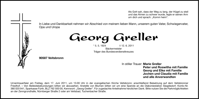  Traueranzeige für Georg Greller vom 15.06.2011 aus Nürnberger Nachrichten