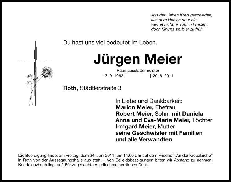  Traueranzeige für Jürgen Meier vom 22.06.2011 aus Nürnberger Nachrichten
