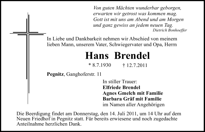 Traueranzeige für Hans Brendel vom 13.07.2011 aus Nürnberger Nachrichten