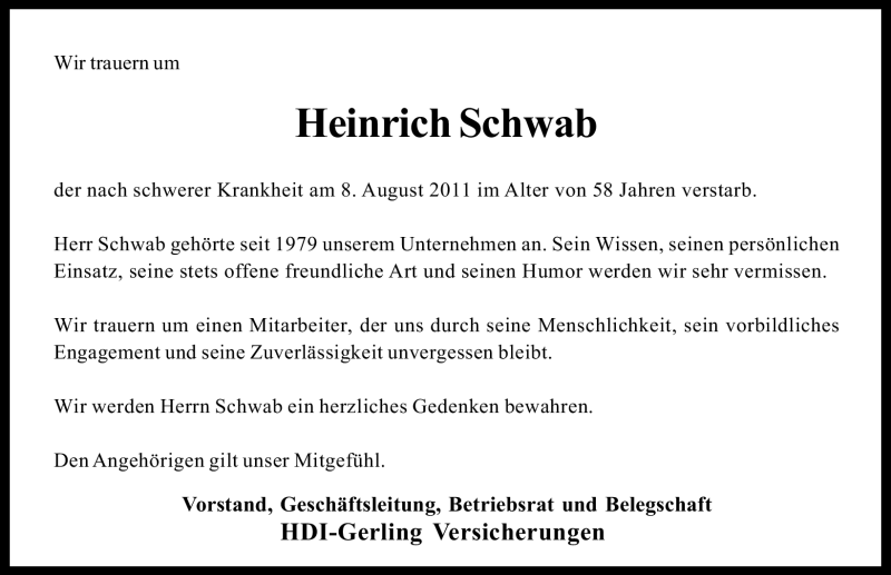  Traueranzeige für Heinrich Schwab vom 11.08.2011 aus Nürnberger Nachrichten