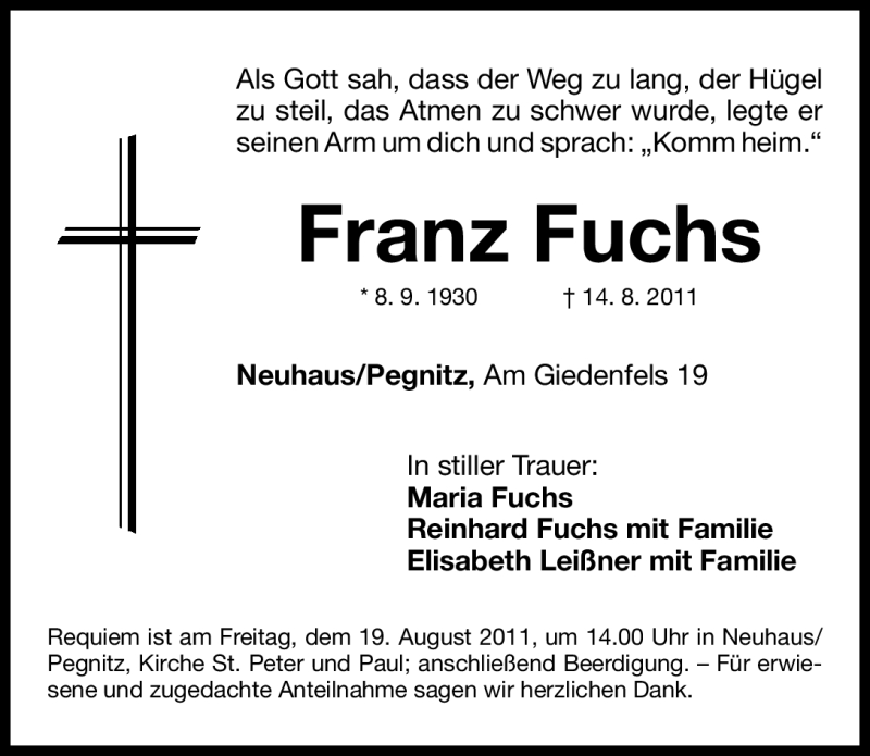 Traueranzeige für Franz Fuchs vom 16.08.2011 aus Nürnberger Nachrichten