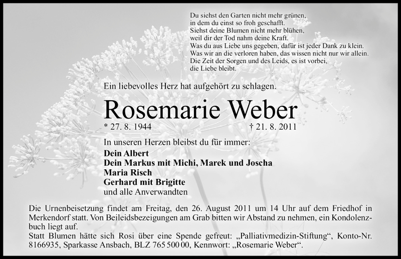  Traueranzeige für Rosemarie Weber vom 24.08.2011 aus Nürnberger Nachrichten