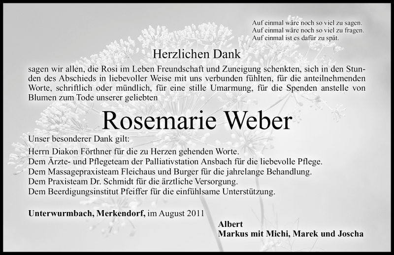  Traueranzeige für Rosemarie Weber vom 03.09.2011 aus Nürnberger Nachrichten