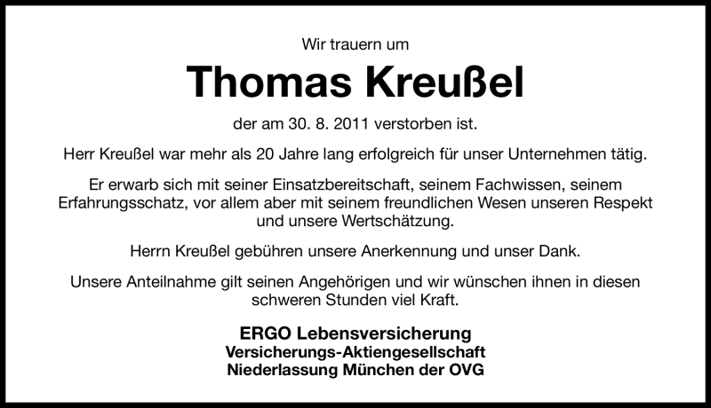  Traueranzeige für Thomas Kreußel vom 02.09.2011 aus Nürnberger Nachrichten