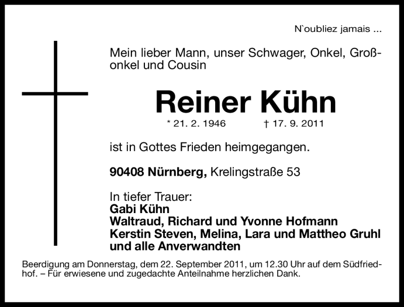  Traueranzeige für Reiner Kühn vom 20.09.2011 aus Nürnberger Nachrichten