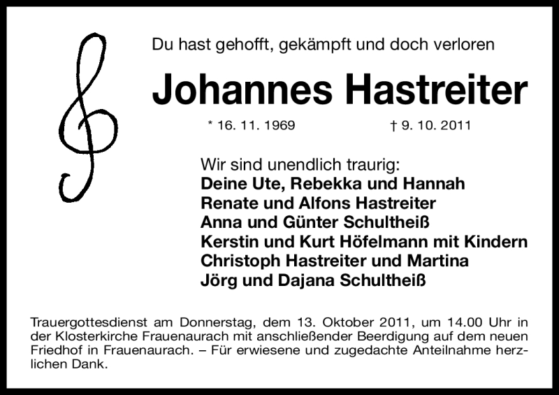  Traueranzeige für Johannes Hastreiter vom 11.10.2011 aus Nürnberger Nachrichten