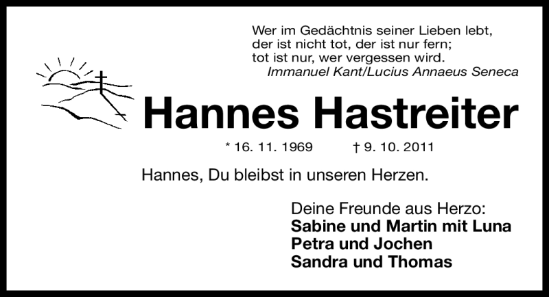  Traueranzeige für Johannes Hastreiter vom 12.10.2011 aus Nürnberger Nachrichten