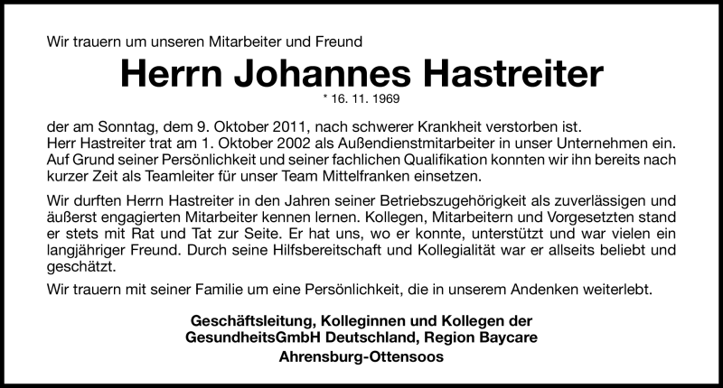  Traueranzeige für Johannes Hastreiter vom 12.10.2011 aus Nürnberger Nachrichten