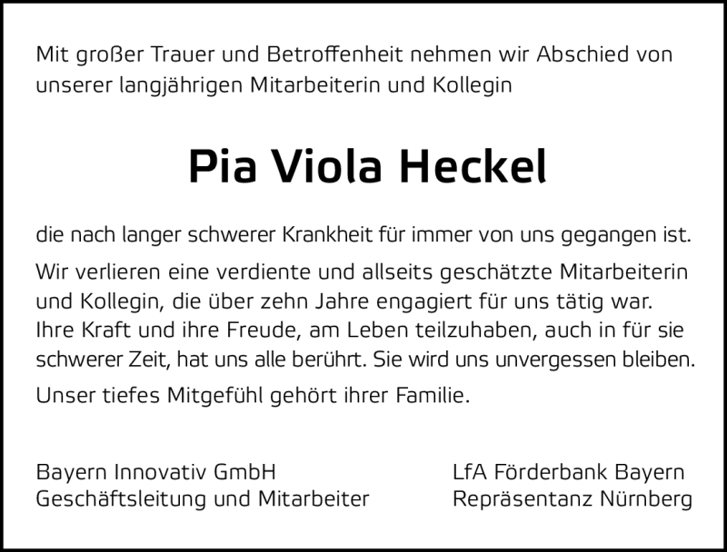  Traueranzeige für Pia Viola Heckel  vom 19.10.2011 aus Nürnberger Nachrichten