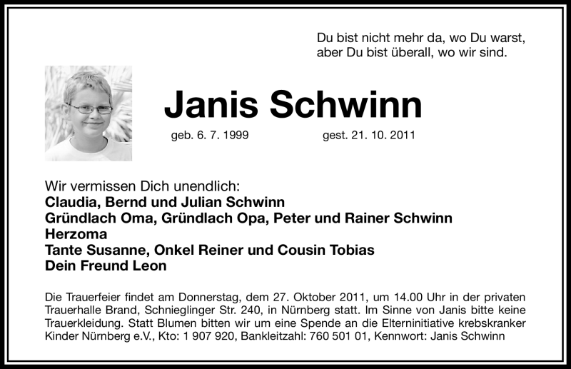  Traueranzeige für Janis Schwinn vom 25.10.2011 aus Nürnberger Nachrichten