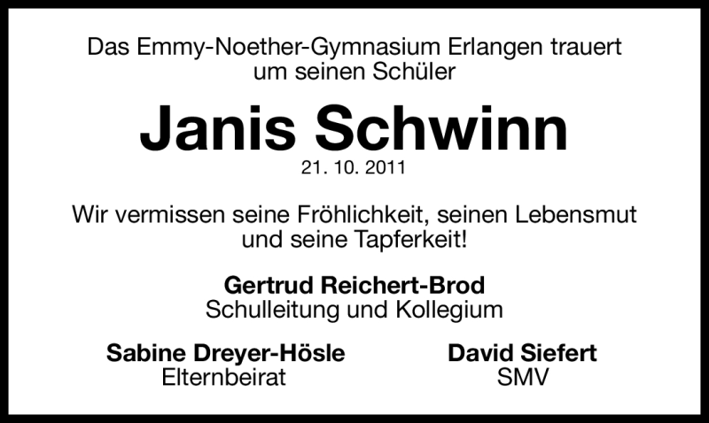  Traueranzeige für Janis Schwinn vom 26.10.2011 aus Nürnberger Nachrichten