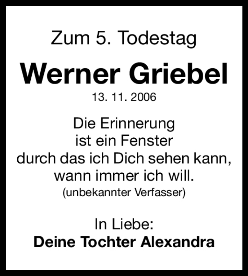  Traueranzeige für Werner Griebel vom 12.11.2011 aus Erlanger Nachrichten Lokal