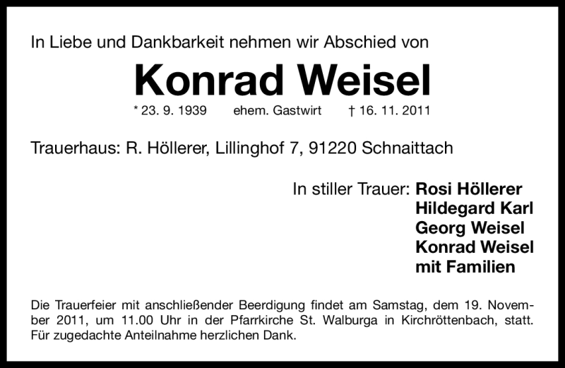  Traueranzeige für Konrad Weisel vom 18.11.2011 aus Nürnberger Nachrichten