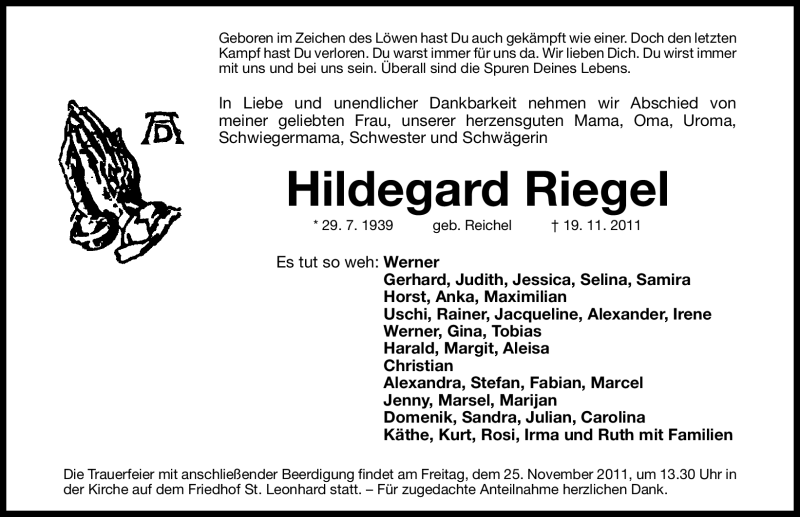  Traueranzeige für Hildegard Riegel vom 23.11.2011 aus Nürnberger Nachrichten