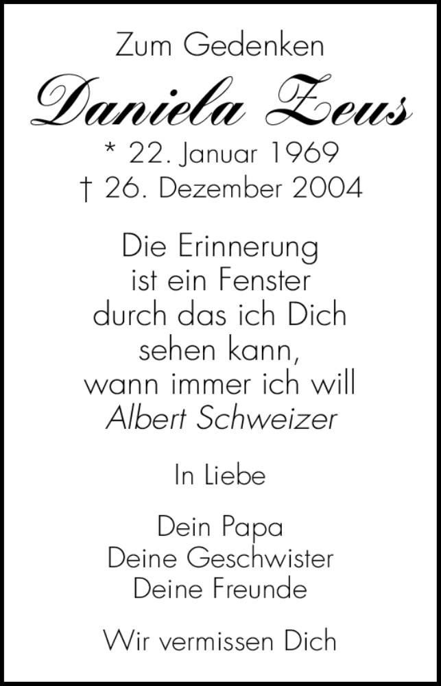  Traueranzeige für Daniela Zeus vom 24.12.2011 aus Roth-Hilpoltsteiner Volkszeitung Lokal