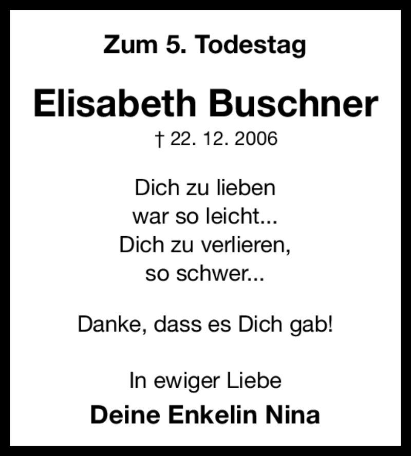  Traueranzeige für Elisabeth Buschner vom 22.12.2011 aus Erlanger Nachrichten Lokal