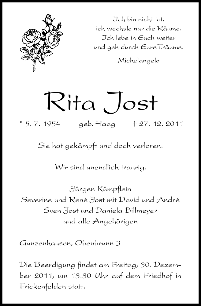  Traueranzeige für Rita Jost vom 28.12.2011 aus Altmühl-Bote Lokal