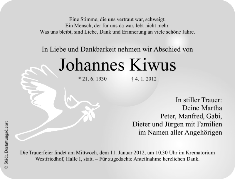  Traueranzeige für Johannes Kiwus vom 06.01.2012 aus Gesamtausgabe Nürnberger Nachrichten / Nürnberger Zeitung