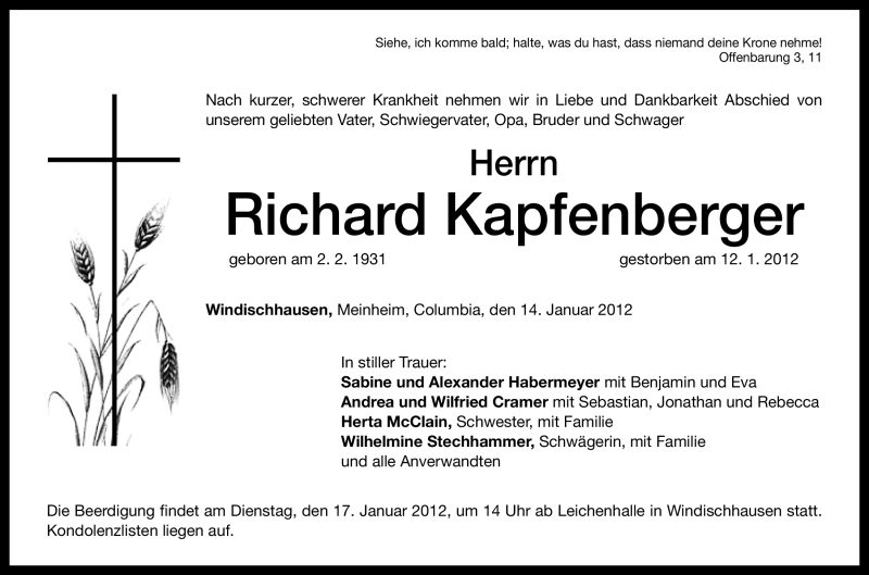  Traueranzeige für Richard Kapfenberger vom 14.01.2012 aus Altmühl-Bote Lokal