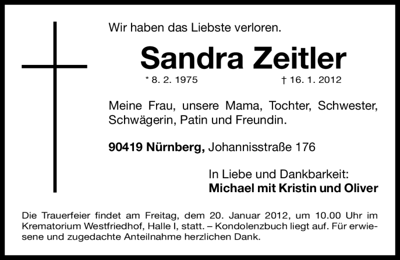  Traueranzeige für Sandra Zeitler vom 18.01.2012 aus Gesamtausgabe Nürnberger Nachrichten / Nürnberger Zeitung